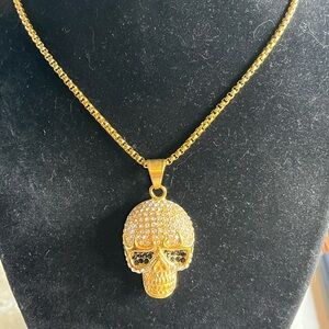 Gold over Stainless Steel Skull Pendant with CZ’s Necklace